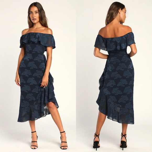Lulus | Pretty Perfect Navy Floral Burnout Off-The-Shoulder Midi Dress - Picture 1 of 7